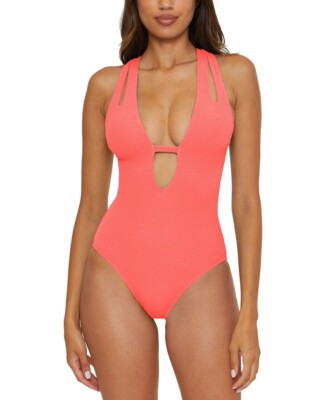 BECCA Pucker Up Tear Drop One Piece Swimsuit Coral Crush NWT $98 S, M, L