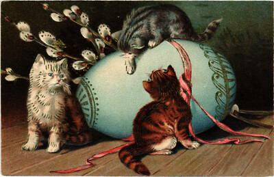 PC CATS, 3 CATS PLAYING WITH AN EGG, EASTER, Vintage EMBOSSED Postcard (b46582)