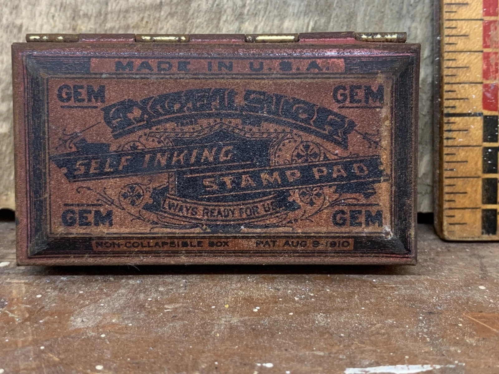 Antique Tin Metal GEM Self Inking Stamp Pad Collectible Made In USA 1910