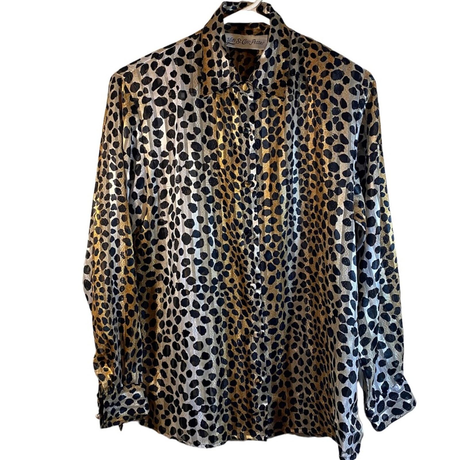 SAINT LAURENT Top vintage con stampa leopardata Yves St. Clair Petites taglia 4P manica lunga con bottoni