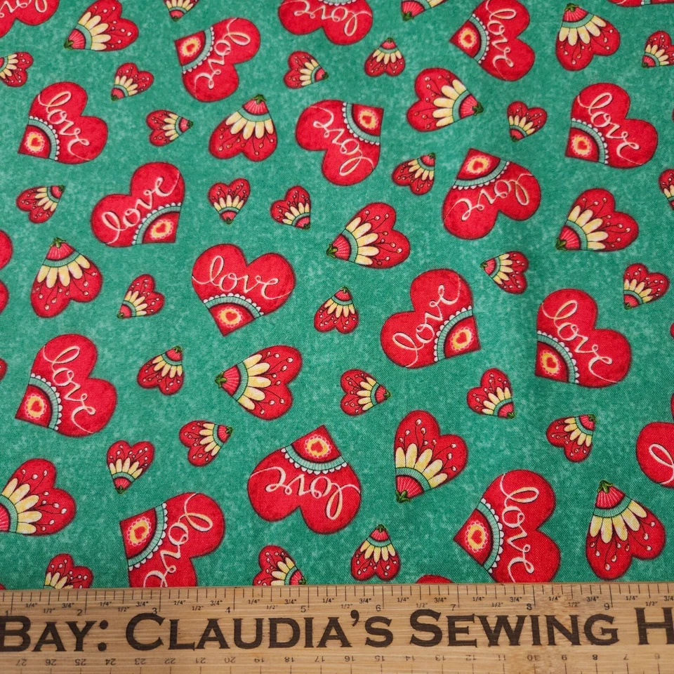 Love Grows Here 2 Pieces Totaling 24" Quilting Treasure Red Hearts Words Green - Image 2 of 3