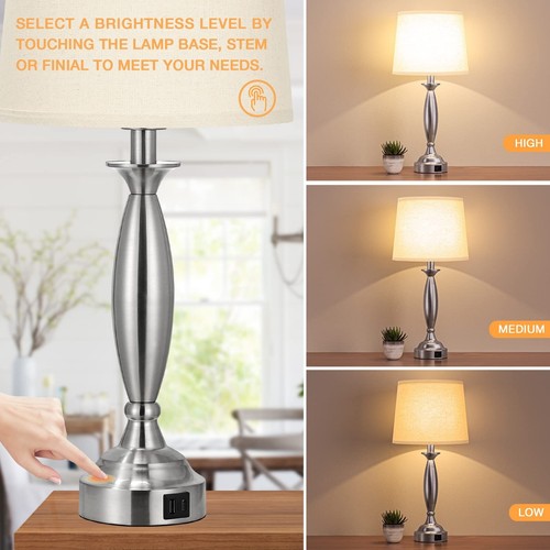 Beige Lamps for Bedrooms Set of 2 - Touch Control Bedside Lamp with USB C+A, ... - 第 3/6 張圖片