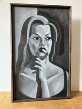 painting Woman Smoking Cigarette art acrylic b&w on canvas board framed 1994