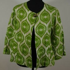 Chicos One Button Ikat Apple Green Linen LIght Jacket Goregous Size 1