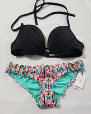 New Women's Shade Shore Black Print 2pc Bikini Top 38B Bottoms S Swimsuit