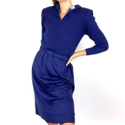 clueless blue dress Vintage Navy Blue Long Sleeve Wool Sweater Dress Clueless Preppy Medium