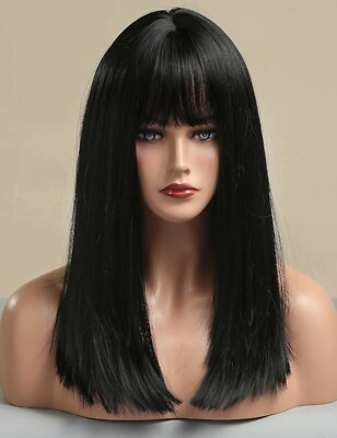 Perruque Synthétique Noire Longue Avec Frange - Bonnet Offert, Look Lisse Et Naturel