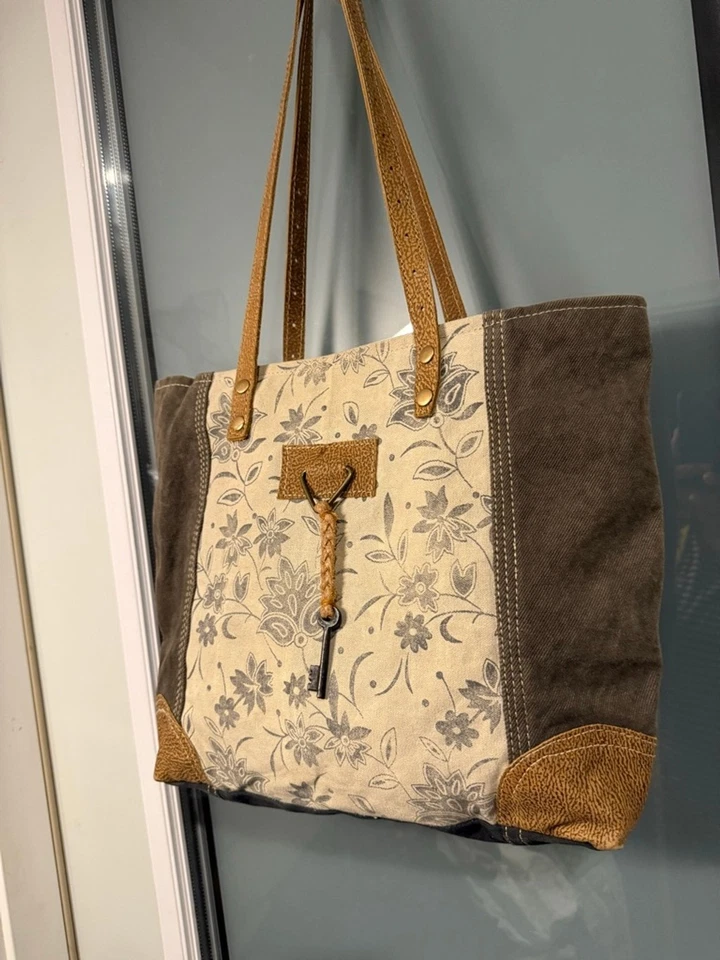 Myra сумка цветочный холст сумка с короткими ручками с кожаными акцентами бежевый серый - Изображение 2 из 4