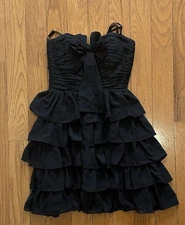 Black Strapless Tiered Ruffle Dress with Bow Detail
