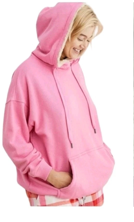 Aerie Sz Med Pink Sherpa Lined Hoodie Oversized Warm Comfort Pockets Pullover