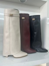 Womens Black Faux Knee High Boots Fold Over Shark Buckle Block Heels