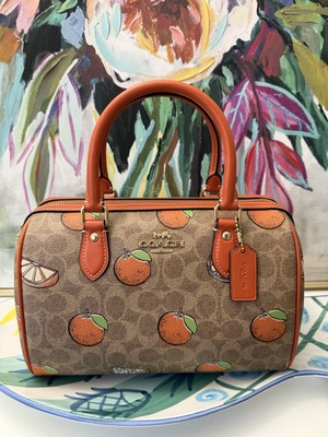 Coach Rowan Satchel Bag In Signature Canvas With Orange Print CAQ61