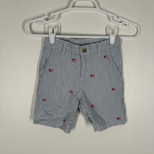 Janie And Jack Boy 7 Sky Blue Stripe American Flag Embroidered Seersucker Shorts