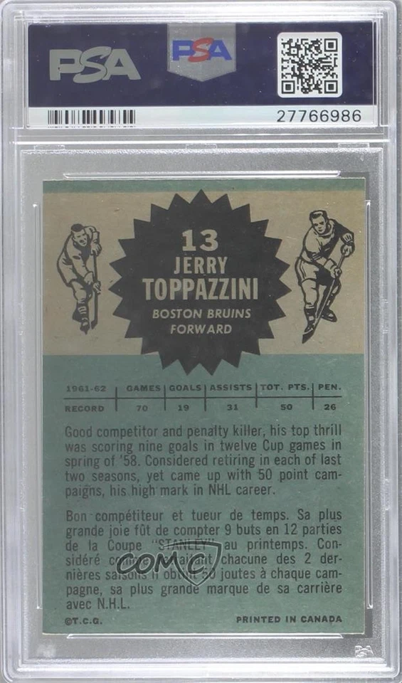 1962-63 Topps Jerry Toppazzini #13 PSA 7 - Image 2 of 2