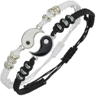 Tai Chi Couple Bracelet Set   2pcs Black White Adjustable Rope Jewelry