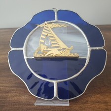 Nautical Sun Catcher Leaded Glass 3D Metal Cutout Sailboat Blue White Dolphins