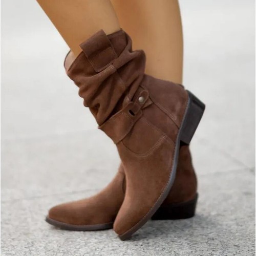 Warm Suede Boots Zipper Buckle Mid-Calf Boot Thick Low Heel Pointed Booties - Bild 17 von 29