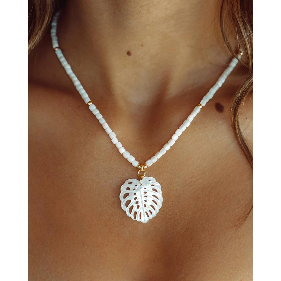 Damen Kette Perlenkette Weiß Perlmutt Blatt Glücksbringer 24K vergoldet K6257DL - Bild 3 von 4