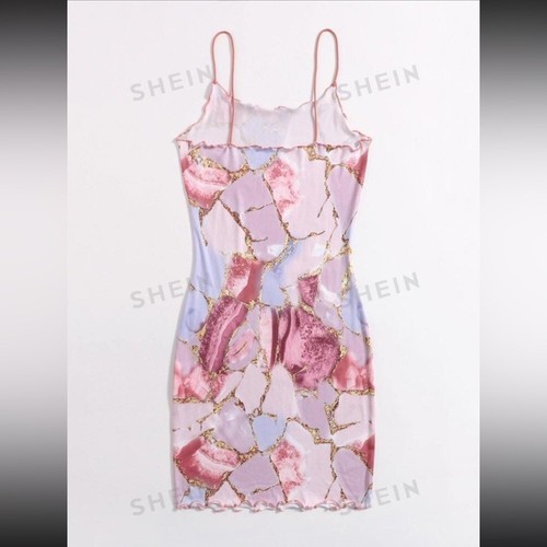 Neues figurbetontes Stretchkleid rosa, weiß & goldfarben Muster mit Salatbesatz ~ Größe L - Bild 5 von 6
