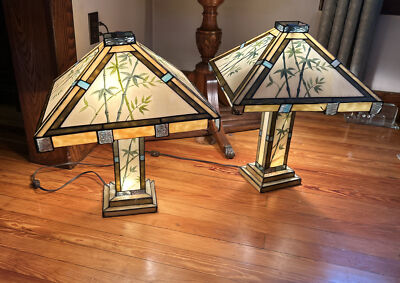 Tiffany Style Table Lamps Mission Oriental Style As Is Panel Slag 