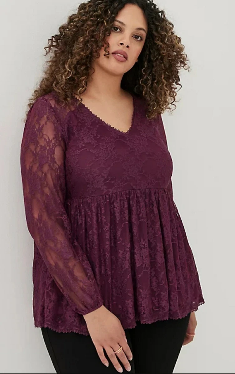 Torrid Beautiful Purple Lace Long Sleeve Babydoll Top Plus Size 2X, 18/20