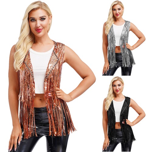 Women Vest Lapel Waistcoat Sparkly Shrug Tassel Cardigan Open Front Top Disco - Picture 2 of 41