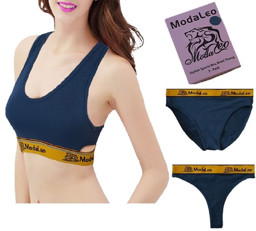 Women Sports Bra, Brief, Thong, 3 Pack Running Bra, Gym Swimming Navy Set New - Picture 5 of 7