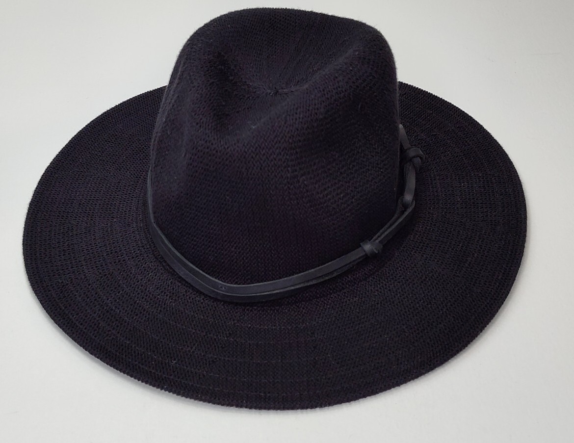 ✓BLACK LEATHER HAT ANTHROPOLOGIE Laine Trimmed Rancher Wide 