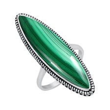 Natural Malachite Ring, Marquise Shape Gemstone Ring, Solitaire 925 Silver Ring