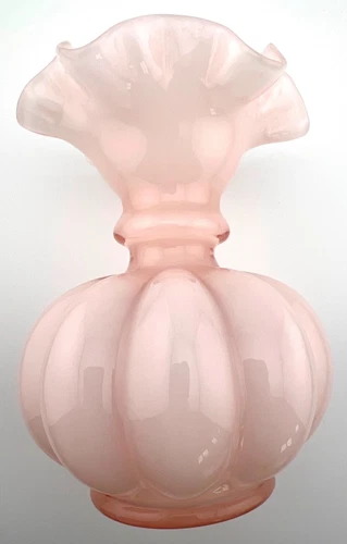 Vintage Fenton Ruffle Vase 5.5" Pink Rose Overlay Melon Glass 1940s Art Deco