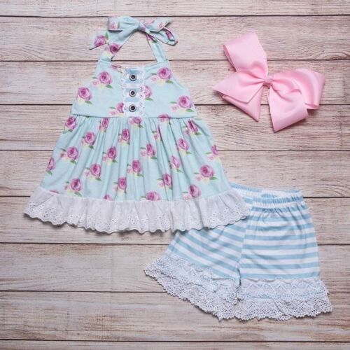 NEW Boutique Girls Floral Ruffle Tunic & Shorts Outfit Set