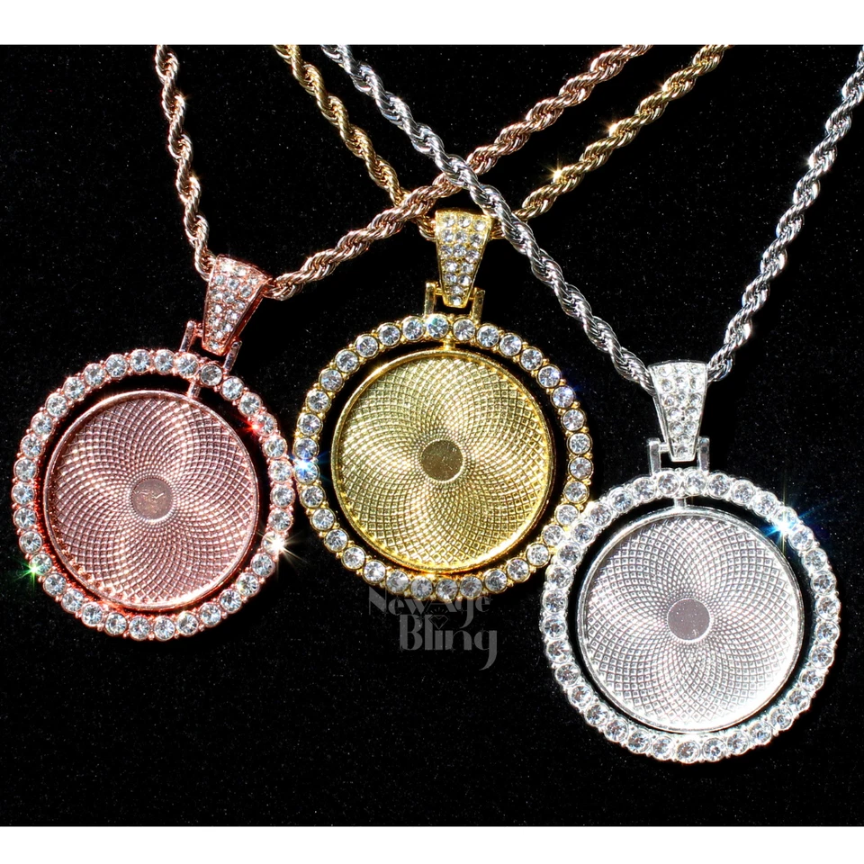 Picture Spinner CZ 2 Sided Pendant + Glass Gold Plated Stainless Steel Necklace - Image 3 of 4