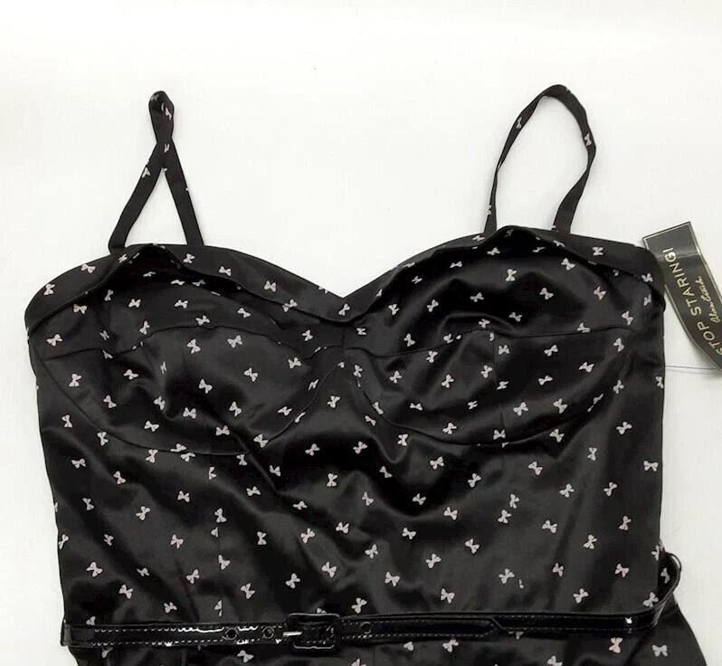¡Deja de mirar fijamente! Mameluco satinado negro estampado lazo estilo pinup años 40 talla 14 $179 nuevo con etiquetas Foto 4 de 4