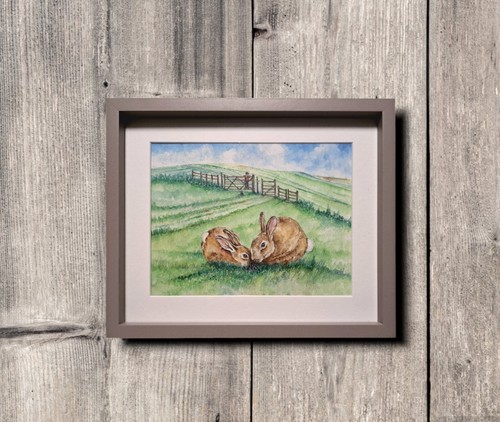Original Hand Painted Watercolour Print of a sussex southdowns Rabbits - Picture 6 of 7