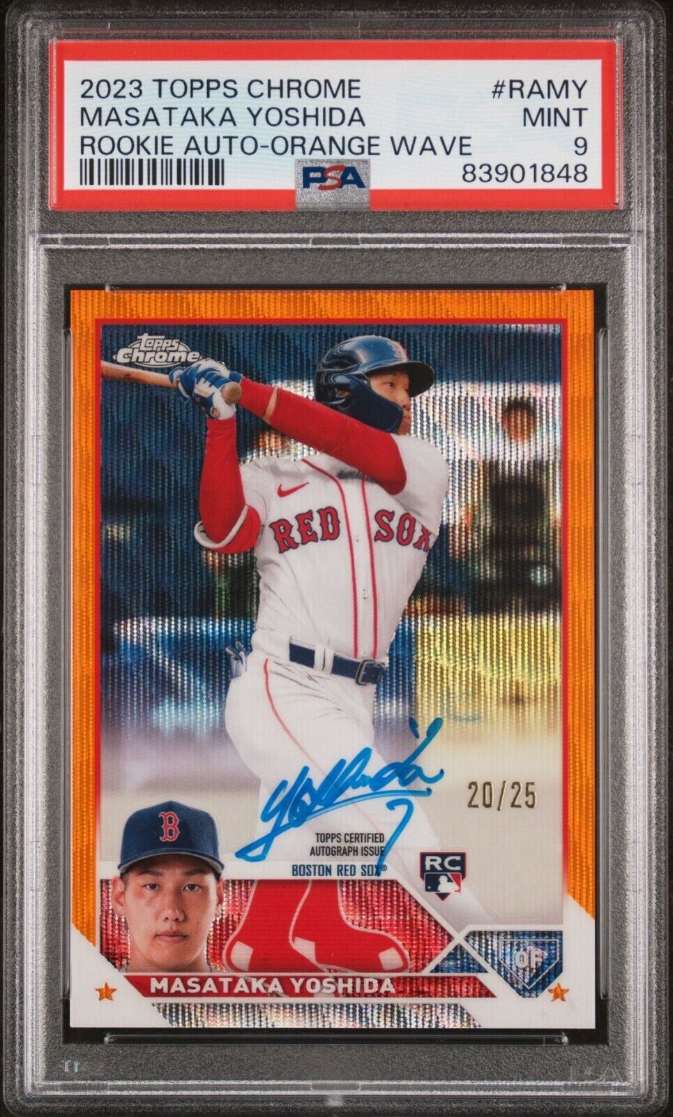MASATAKA YOSHIDA 2023 TOPPS CHROME ORANGE WAVE ROOKIE AUTO RC 20/25 PSA 9 GEM MT