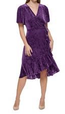 CALVIN KLEIN Womens Purple Velvet Lined Tie-waist Flutter Sleeve Midi Dress 4