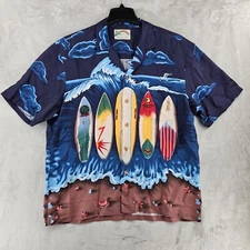 Pardise Found Hawaiian Shirt Surfboard Waves Mens Xl Blue Vintage