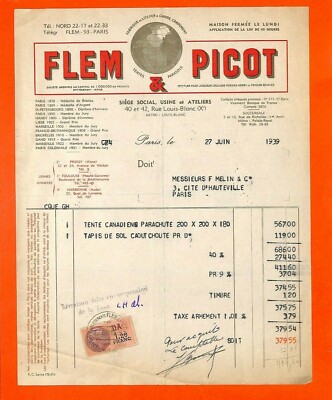 Document Ancien - Facture Commerciale Paris (Louis Blanc) - Lits & Tentes - 1939