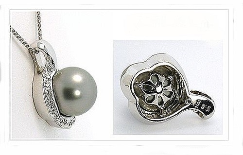 12.17MM Silver Gray Tahitian Pearl Pendant, 0.14 Ct. Diamonds, 14K W Gold, NEW - Foto 2 di 2