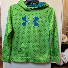 Under Armour Girls YLG Green with Blue Polka Dots Hoodie sweatshirt EUC 