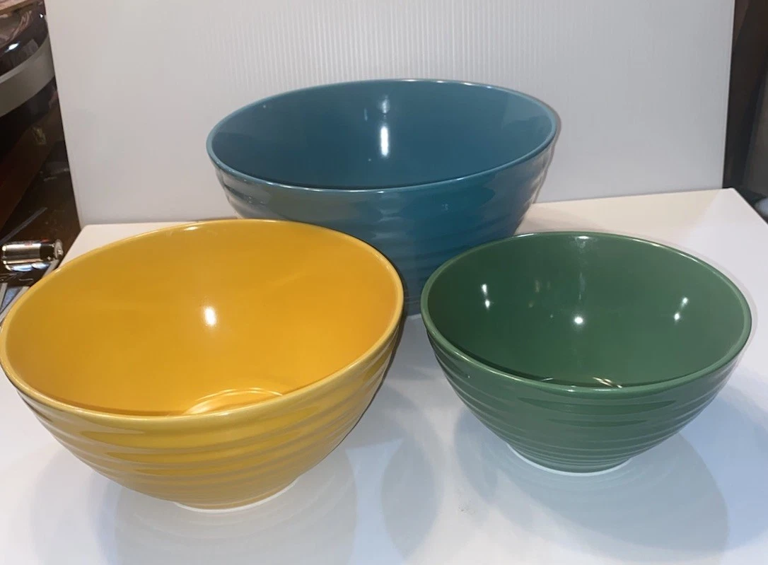 Pioneer Woman 3 Ceramic Set Mixing Nesting Bowls Solid Colors HTF