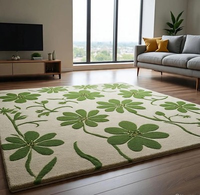 Hand-Tufted Green Floral Wool Rug: Botanical Living Room Carpet