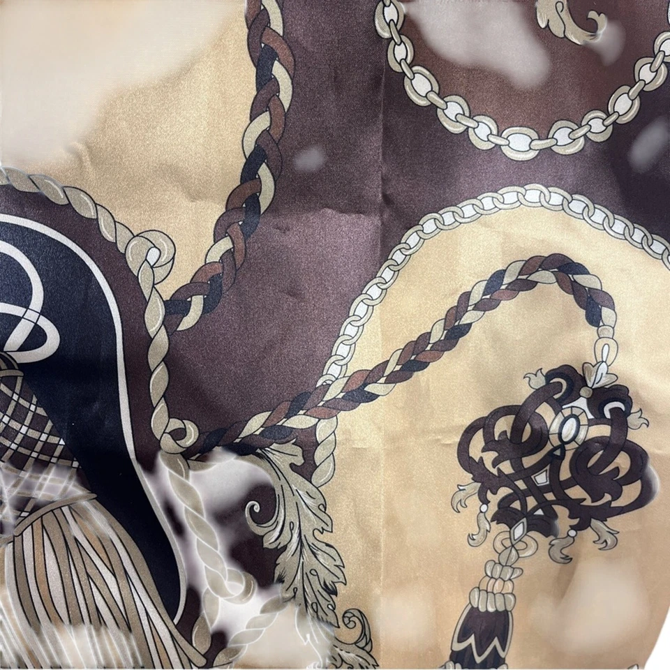 Винтажный DENNIS BASSO атласной коричневый и желтовато-коричневый шарф надежном цепочка и заявление кисточки печати - Изображение 4 из 4