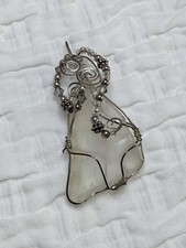 Handmade Wire Wrapped Clear Sea Glass Necklace Pendant Silver Beaded Statement