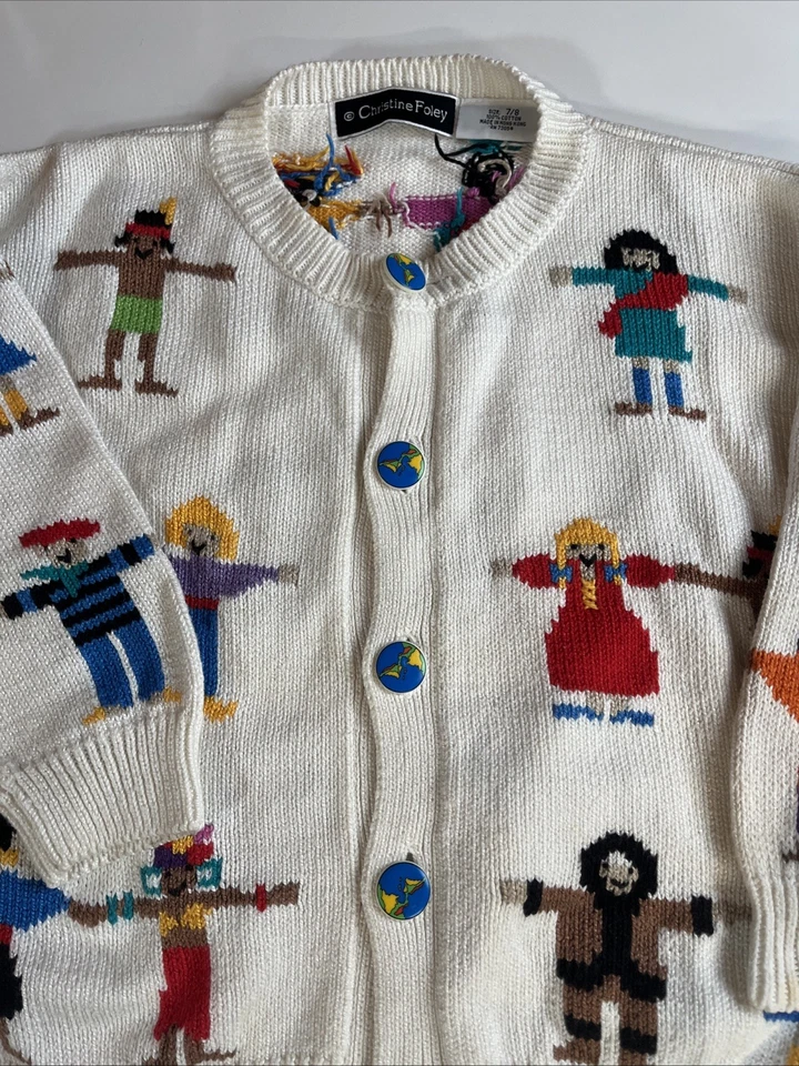 De Colección Christine Foley Suéter Niñas Talla 7/8 Niños del Mundo Estampado Cárdigan Años 90 Foto 2 de 4