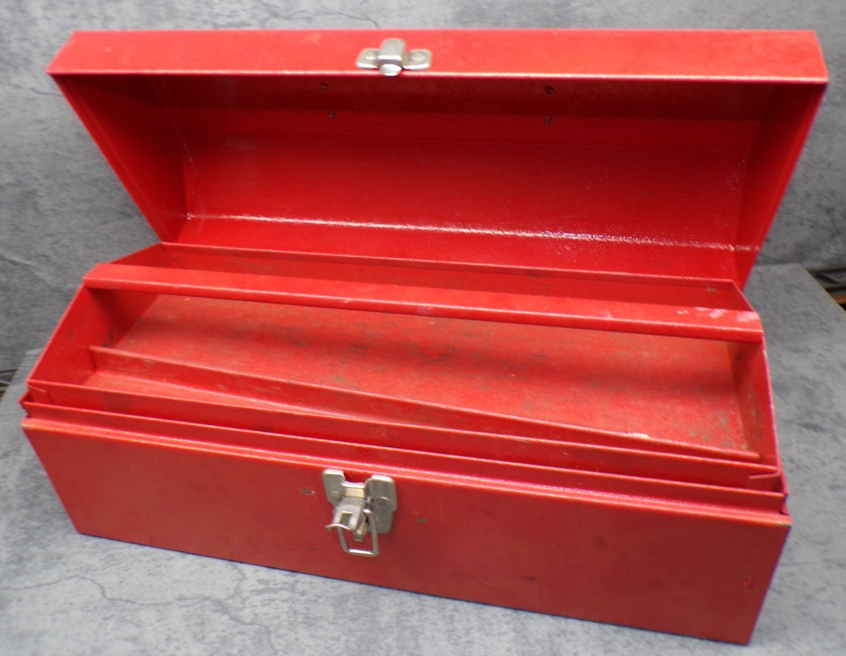 Vintage Red Metal Toolbox Racing Car #14 Graphic Removable Tray