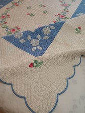 Vintage 1940's Pink Blue Roses Hand Appliqued Quilt - Gorgeous Hand Stitching