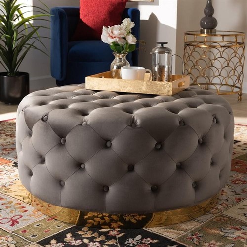 Baxton Studio Sasha Gray Velvet Upholstered Gold Finished Cocktail Ottoman - Picture 4 of 6