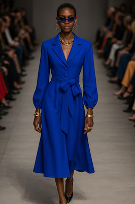 Badgley Mischka sz 0 Royal Blue Midi Belted Blazer Dress Long Sleeve Modest $650