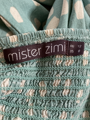 Mister Zimi Abbie Midi Dress Sz 12 Shirred Top Flutter Sleeve Pockets Green Spot - Picture 5 of 11